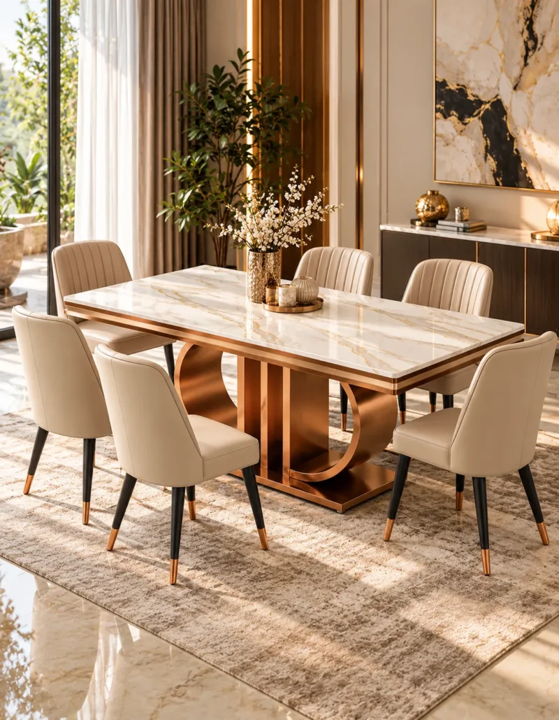 Modern six-seater dining table with white and gold-veined marble top, rose-gold pedestal and ivory fabric dining chairs.