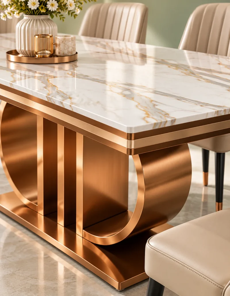 Close-up of white marble dining tabletop with grey and gold-toned veins, metallic edge trim and rose-gold stainless steel loop base.
