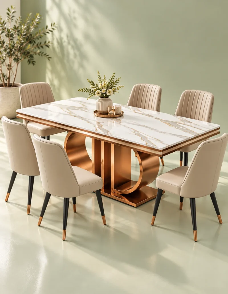 Rectangular white marble dining table with rose-gold double loop base and six cream upholstered chairs against a light green background.