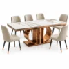 Aurovia Luxe rose gold marble dining table set of six with rectangular white marble top and sculptural stainless steel pedestal on white background.