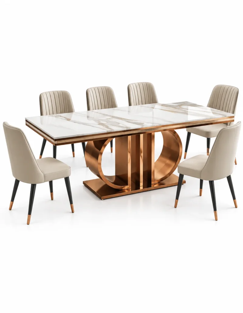 Aurovia Luxe rose gold marble dining table set of six with rectangular white marble top and sculptural stainless steel pedestal on white background.