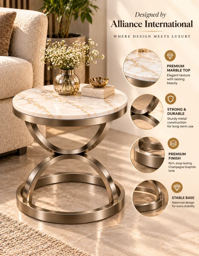 Avenza Luxe round marble side table with Champagne Graphite stainless steel hourglass base and premium features