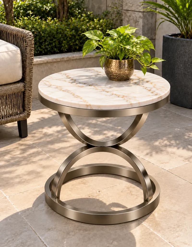 Round white marble side table with Champagne Graphite steel base displayed beside garden patio seating