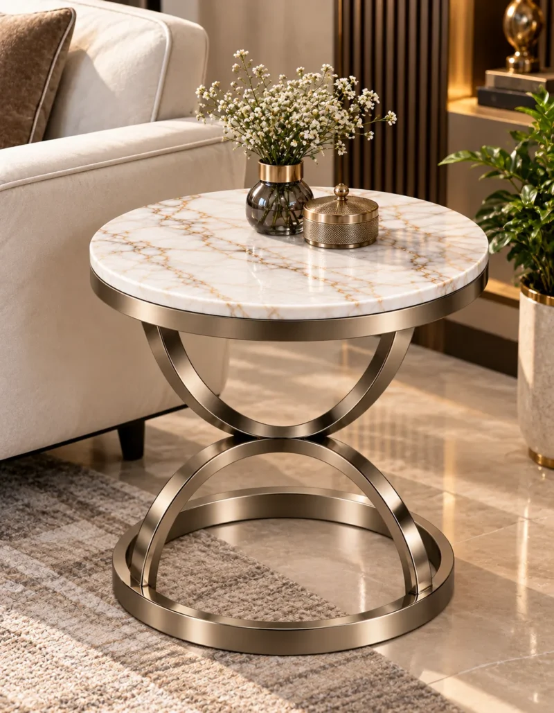 Modern marble side table with curved Champagne Graphite metal frame beside a cream sofa in a luxury living room