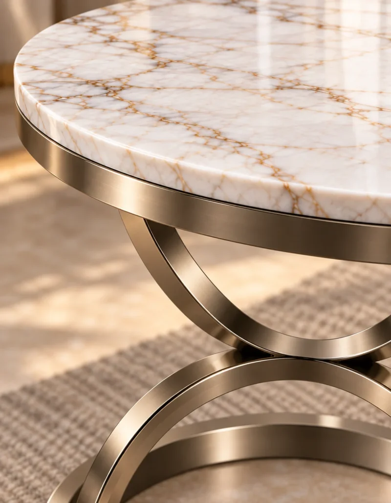 Close-up of white marble tabletop with gold veining and Champagne Graphite stainless steel curved support