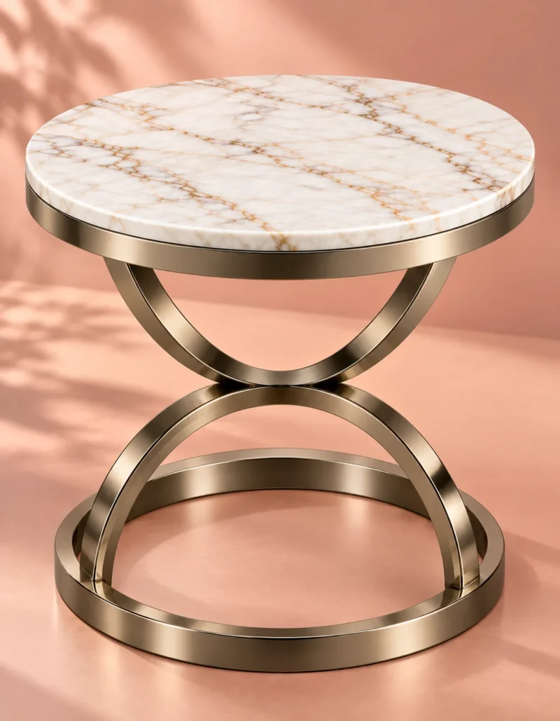 Avenza Luxe round marble side table with sculptural hourglass stainless steel frame against a peach background