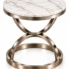 Avenza Luxe white marble side table with Champagne Graphite stainless steel hourglass base on white background