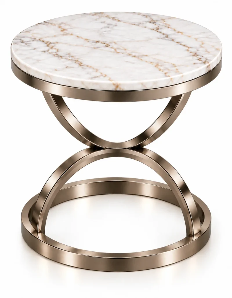 Avenza Luxe white marble side table with Champagne Graphite stainless steel hourglass base on white background