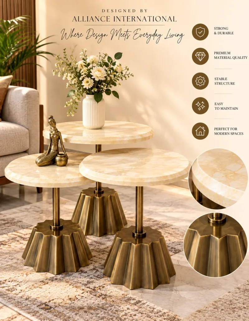 Calvora Trio marble side table set with three round tops and gold fluted bases