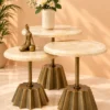 Designer three piece marble side table set with gold geometric bases