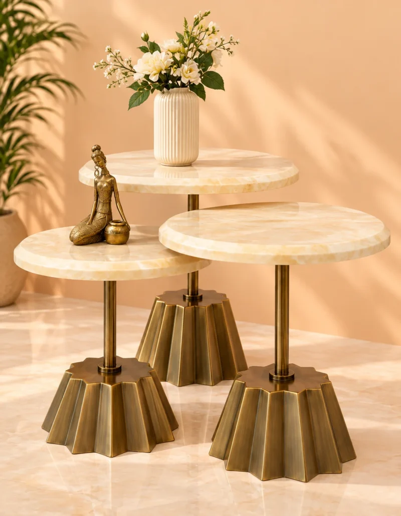 Designer three piece marble side table set with gold geometric bases