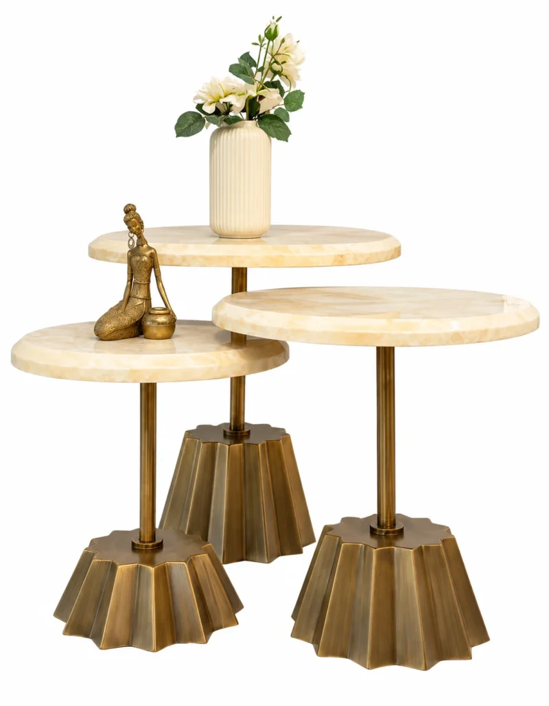Calvora Trio set of three cream marble side tables with gold fluted pedestals