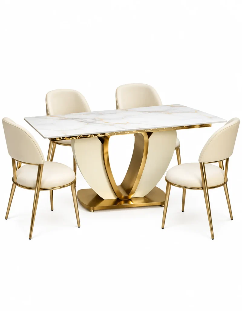 Cavelle U shaped marble dining table with four cream chairs