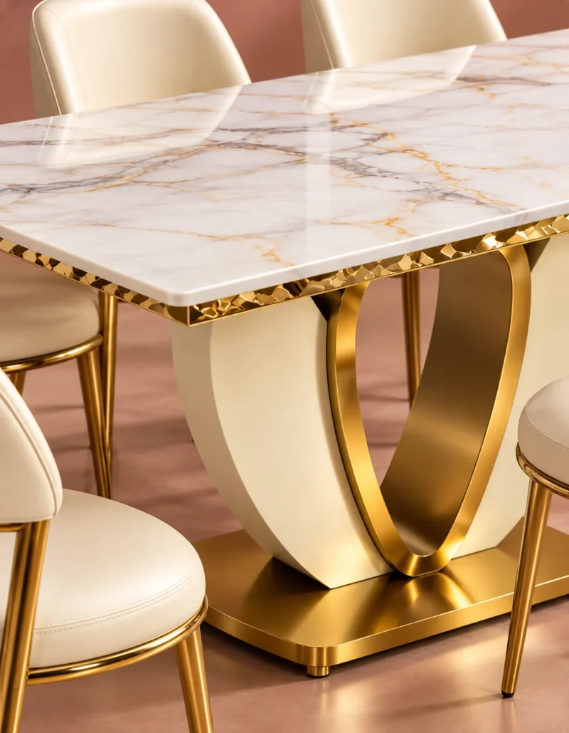 Close up of marble dining table top and gold stainless steel base