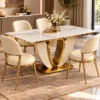 Luxury marble dining table with gold U shaped base and chairs