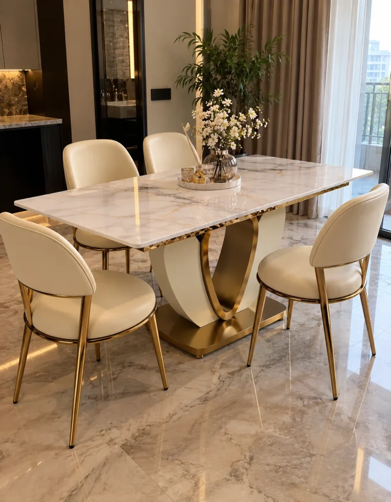 Designer marble dining table with cream chairs and gold base