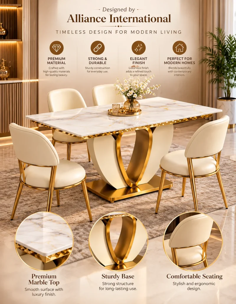 Cavelle Arc luxury marble dining table with sculptural gold base