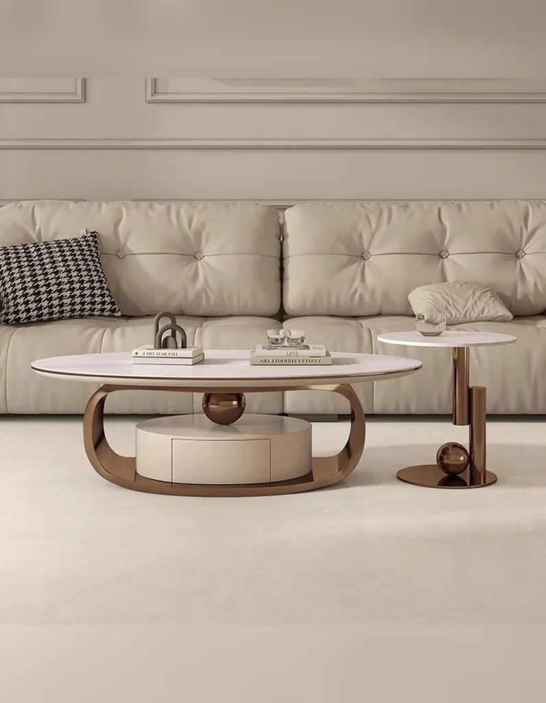 Modern oval centre table with a white sofa in an elegant neutral living room