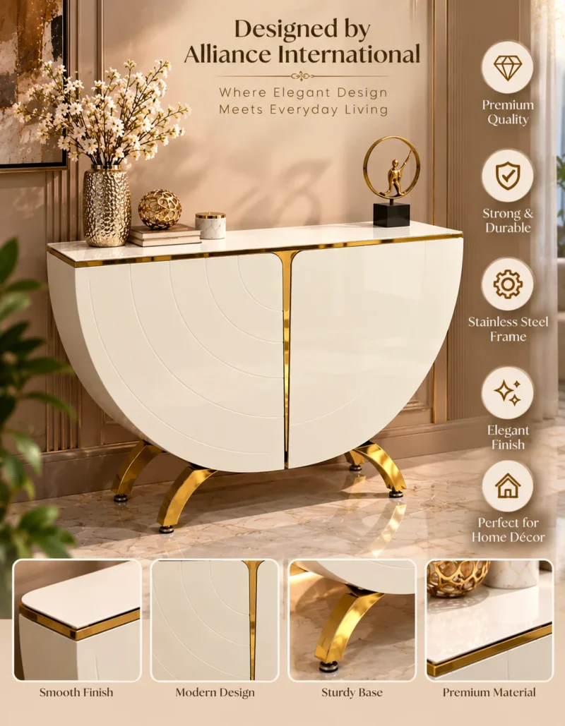 Cresara half moon console table with storage in white and gold finish