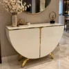 White half moon console table with storage and gold stainless steel legs