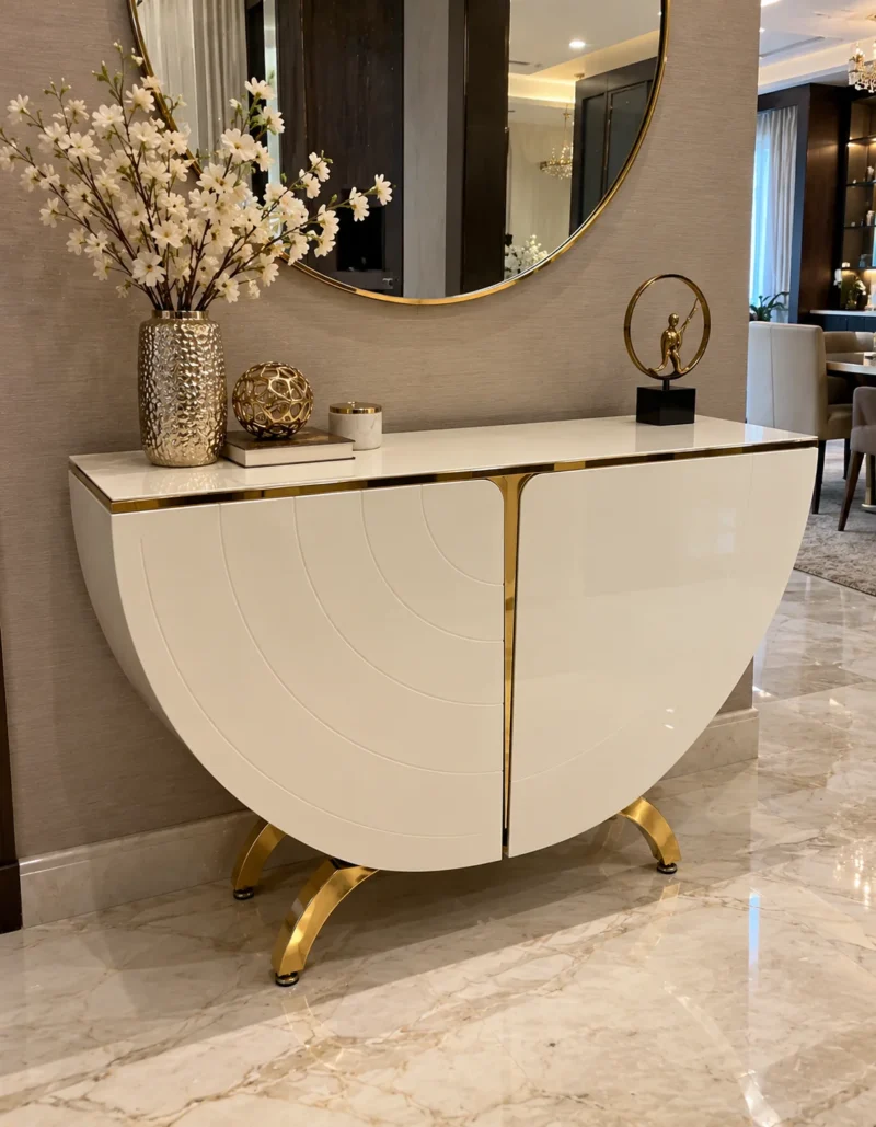 White half moon console table with storage and gold stainless steel legs