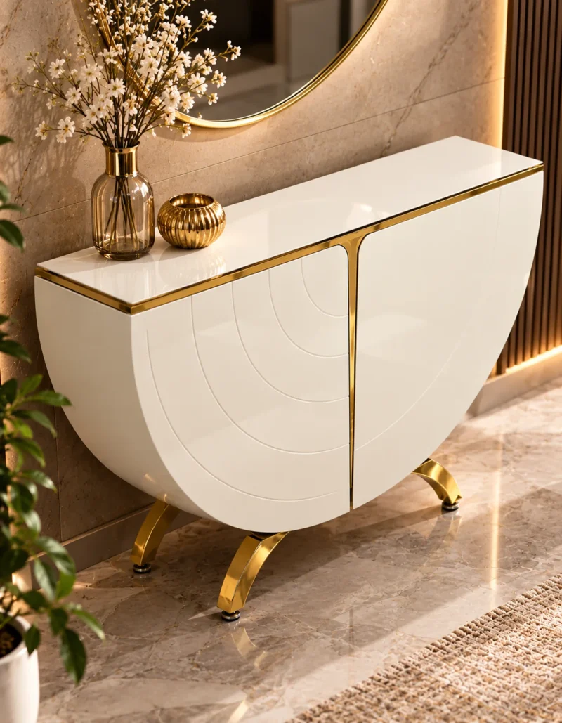 Luxury curved console table with marble top and gold stainless steel details