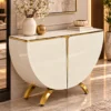 Designer half moon console cabinet with white curved doors and gold accents