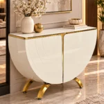 Designer half moon console cabinet with white curved doors and gold accents