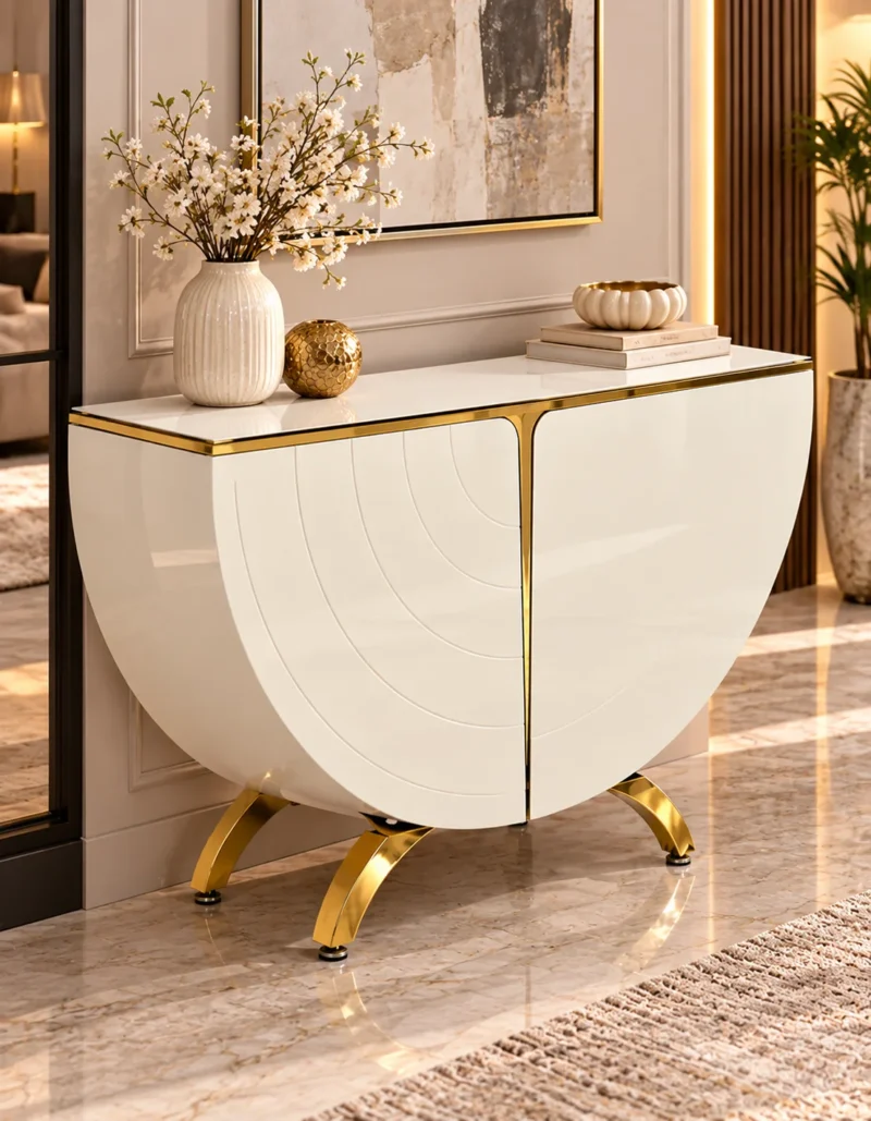 Designer half moon console cabinet with white curved doors and gold accents