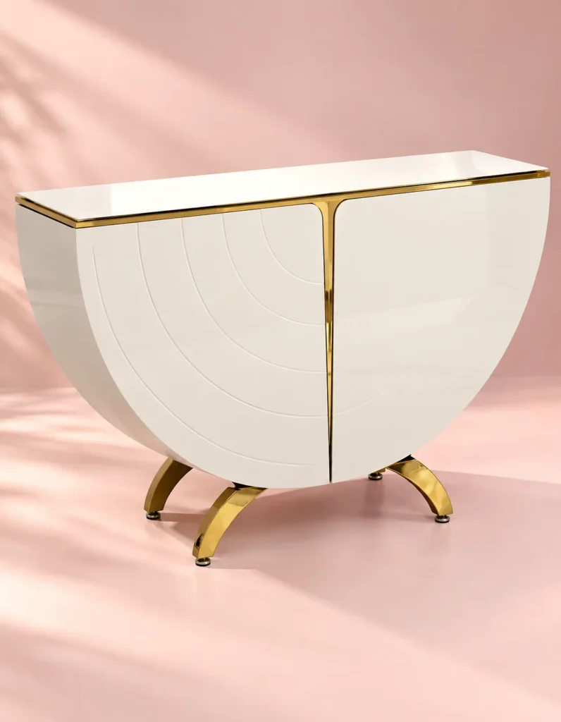 Modern half moon console table with storage and marble top
