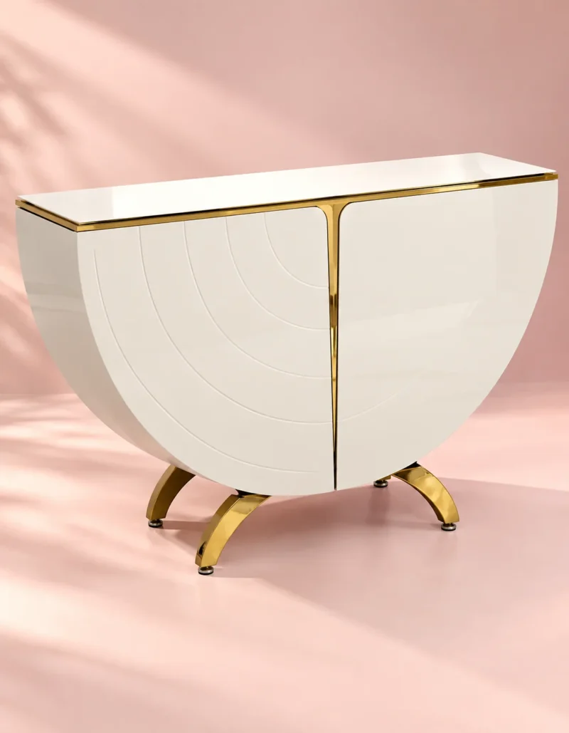 Modern half moon console table with storage and marble top