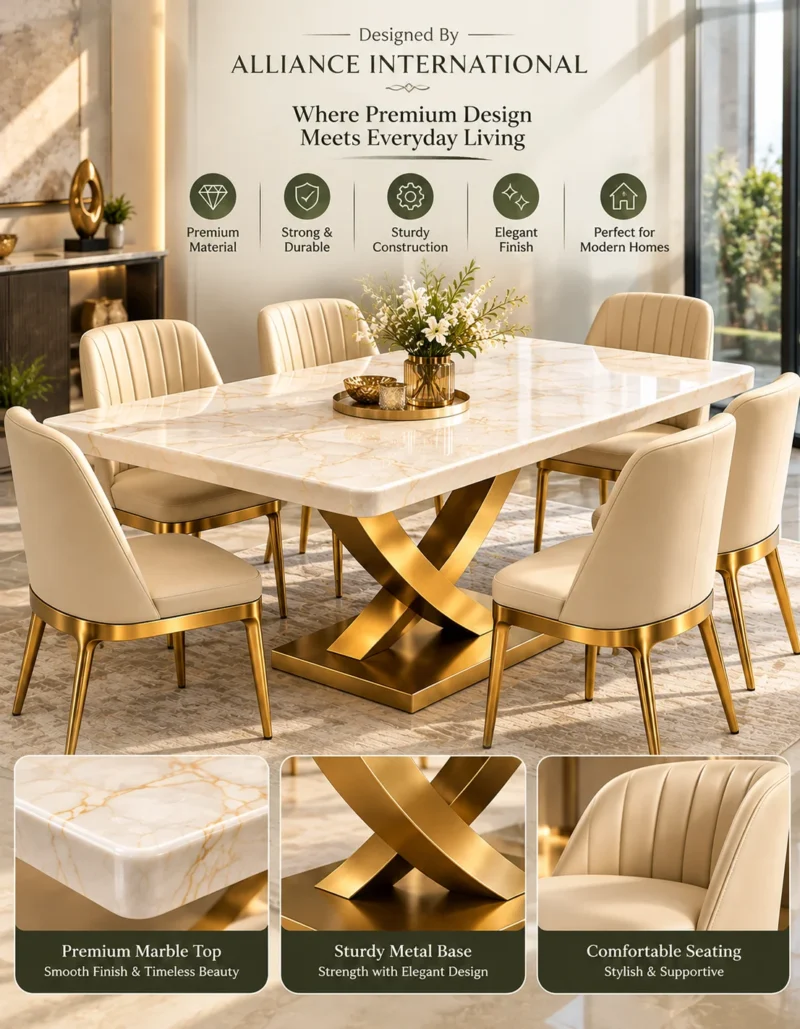 Cresvella Luxe curved X base marble dining table with gold stainless steel pedestal and upholstered chairs