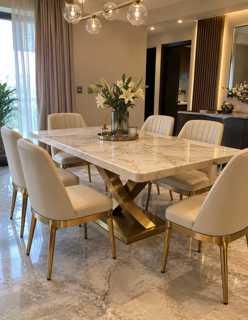 Luxury marble dining table set with cream upholstered chairs and gold curved X base