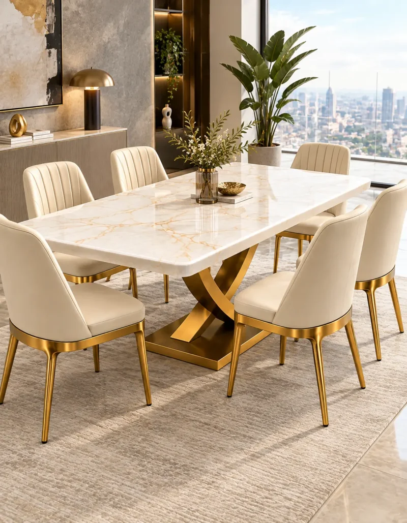 Modern 6 seater marble dining table with gold X pedestal beside large city-view windows