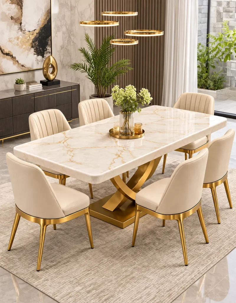 Gold stainless steel dining table with white marble top and curved X pedestal