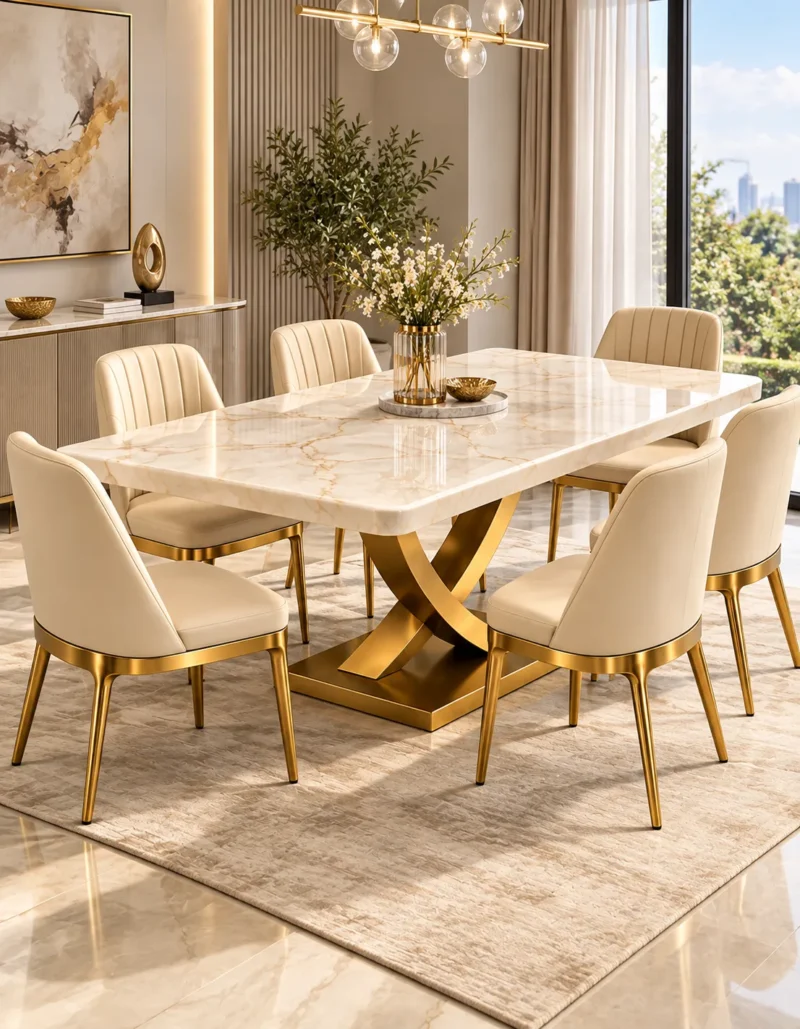 Cream marble dining table with gold veining and matching upholstered dining chairs