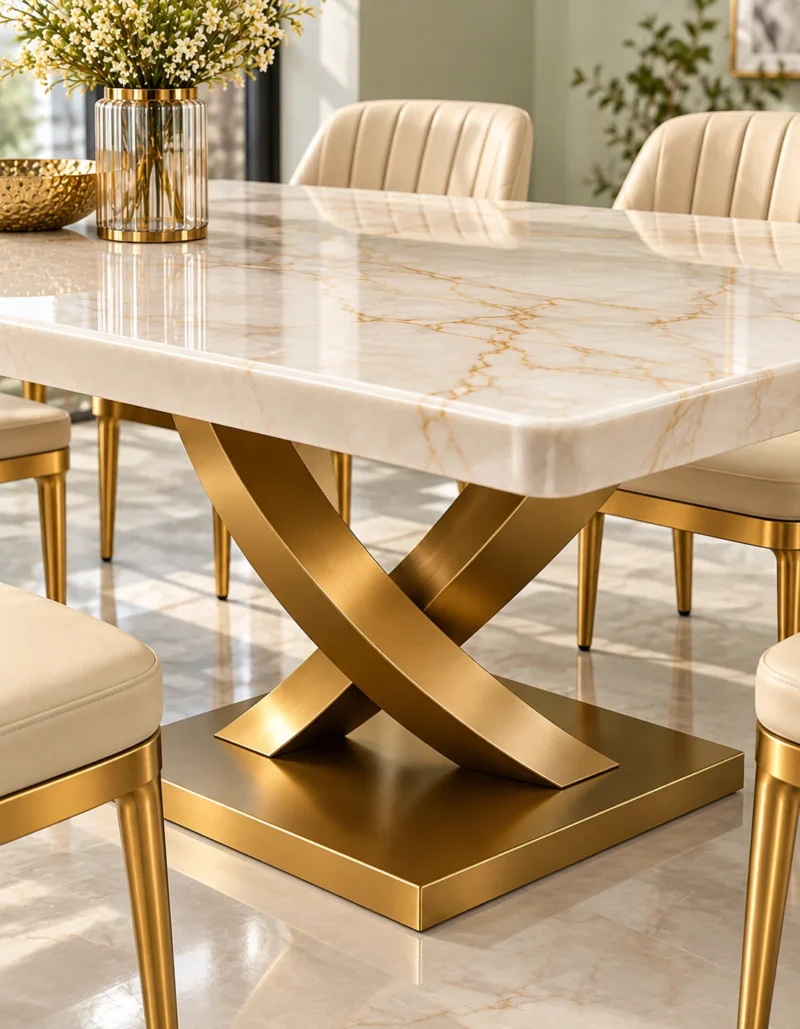 Close-up of gold veined marble tabletop and curved X shaped stainless steel dining table base