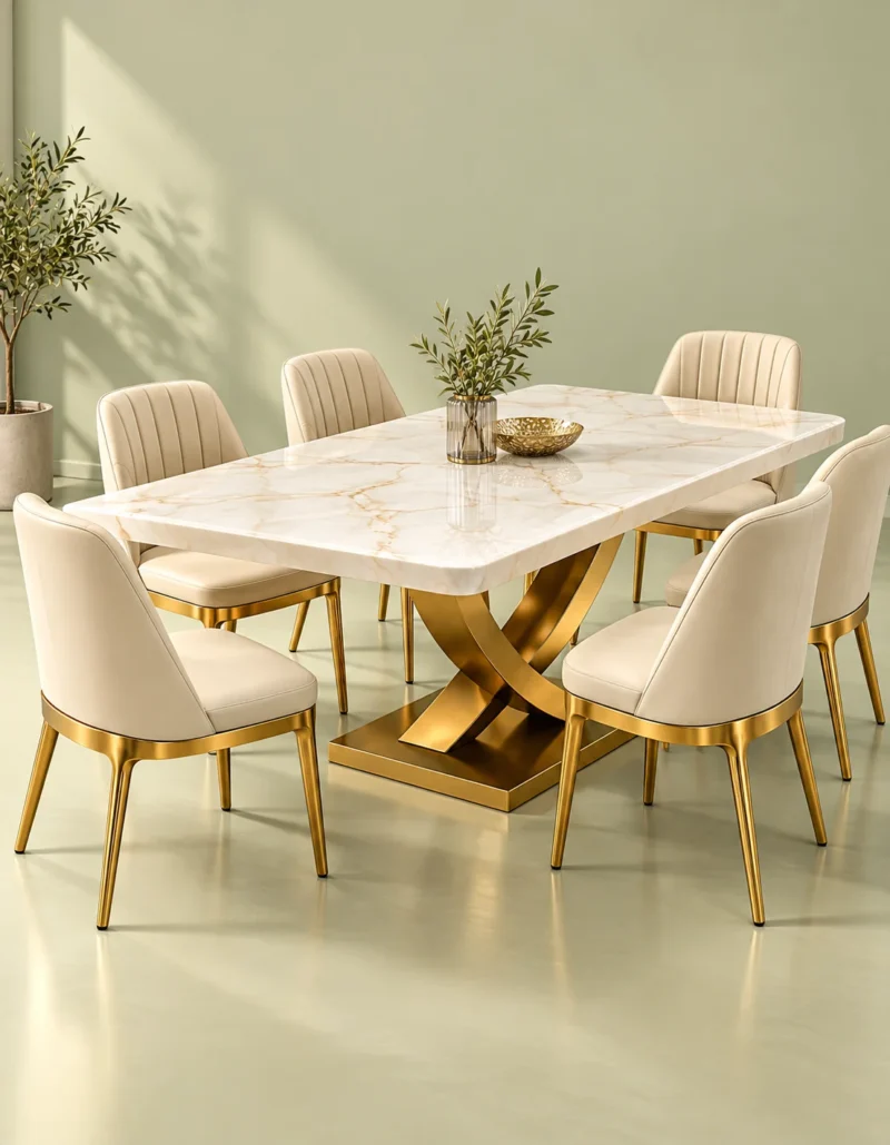 Designer marble dining table with curved gold X base and cream dining chairs