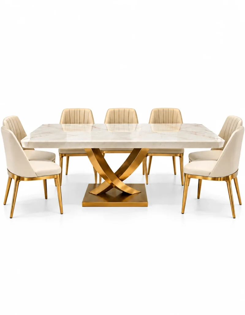 Cresvella Luxe marble dining table set with gold X shaped base and cream upholstered chairs