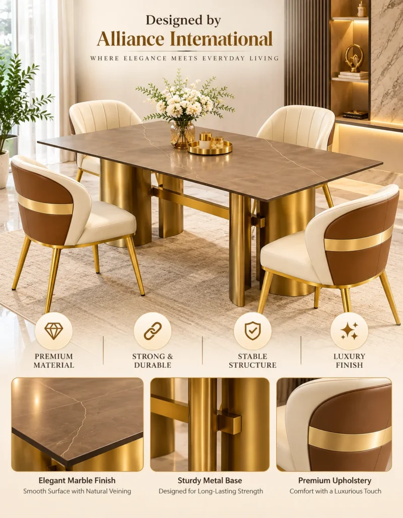 Cylara brown marble dining table with cylindrical gold base