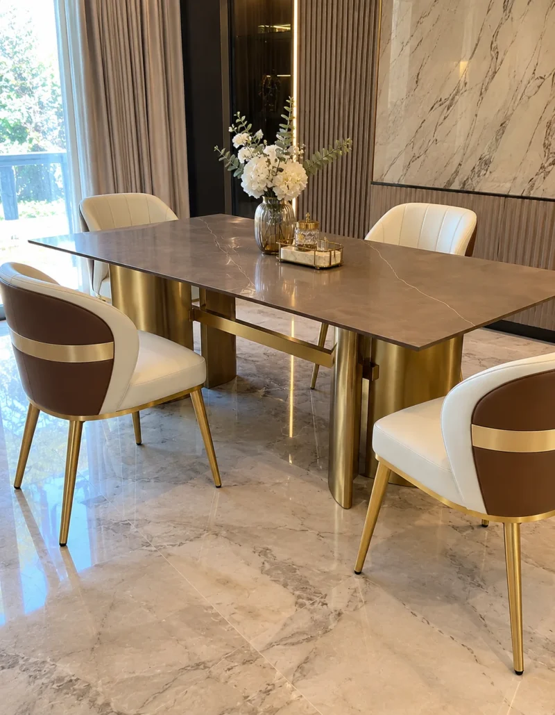 Brown marble dining table with gold cylindrical stainless steel base