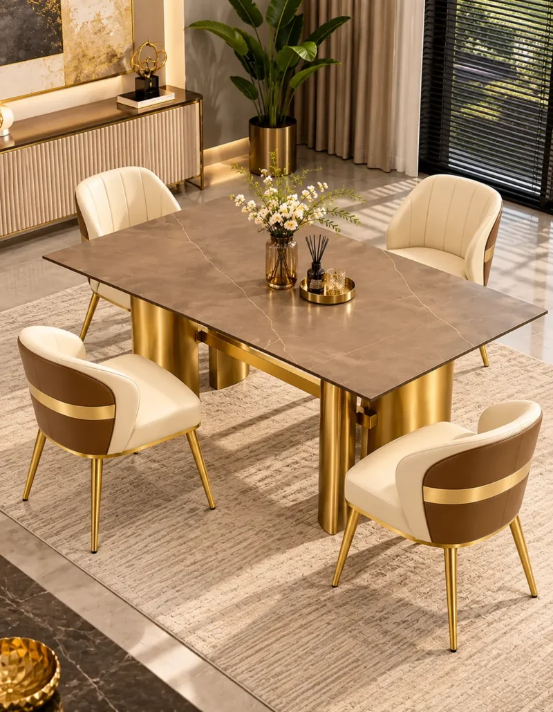 4 seater brown marble dining table with gold stainless steel base
