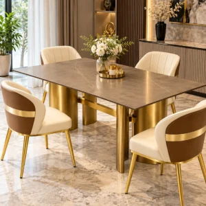 Luxury brown marble dining table with upholstered chairs