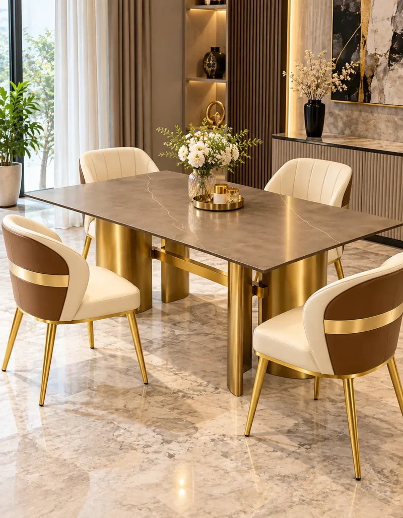 Luxury brown marble dining table with upholstered chairs