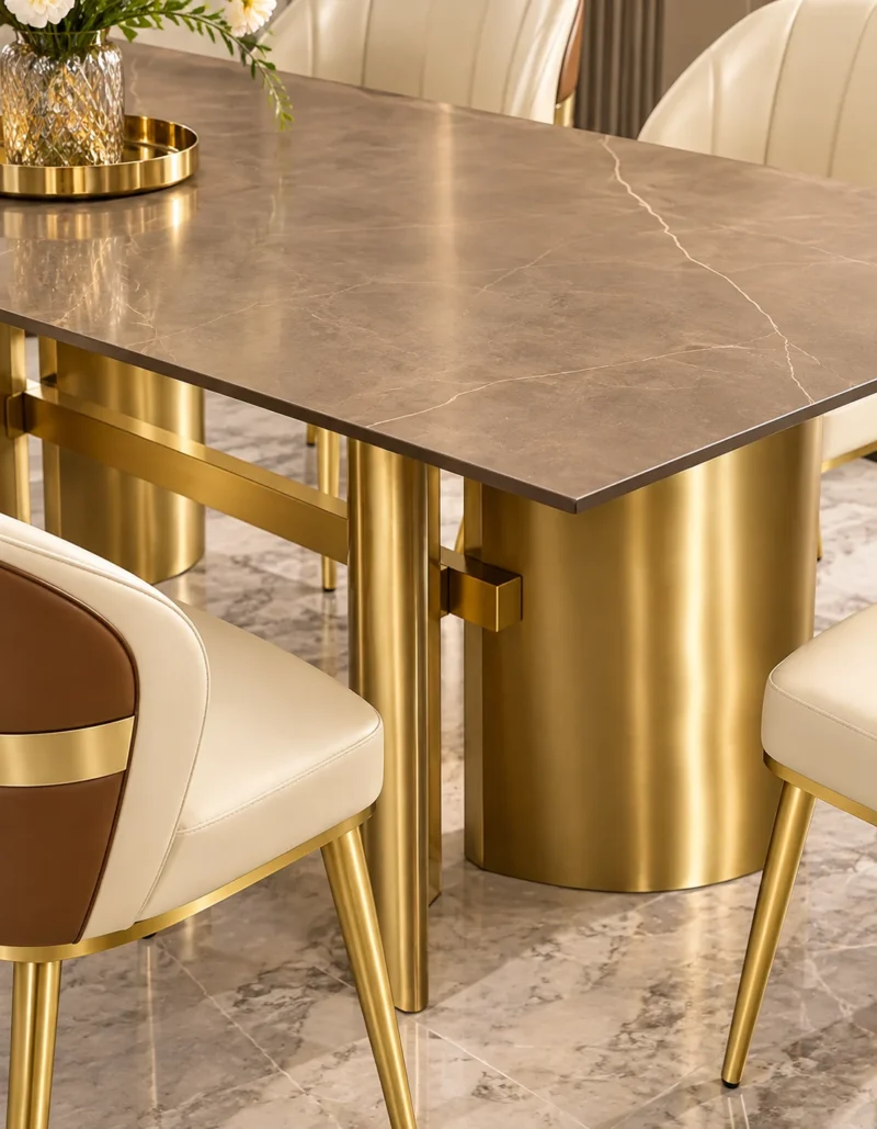 Close up of brown marble dining table and cylindrical stainless steel base