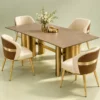 Modern brown marble dining table with four cream and brown chairs