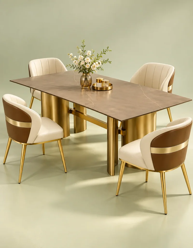 Modern brown marble dining table with four cream and brown chairs