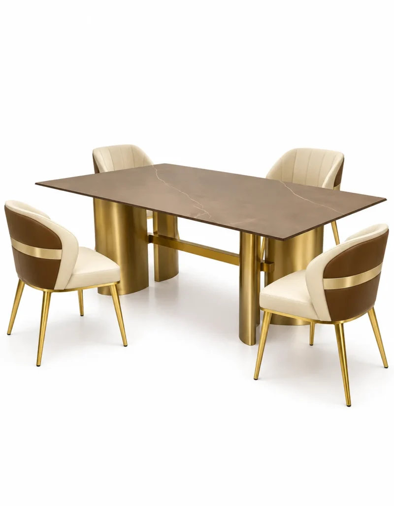 Cylara brown marble dining table with four chairs on white background