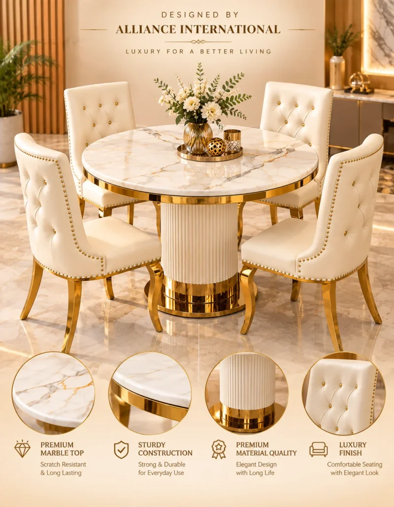 Eloria fluted pedestal marble dining table with upholstered chairs