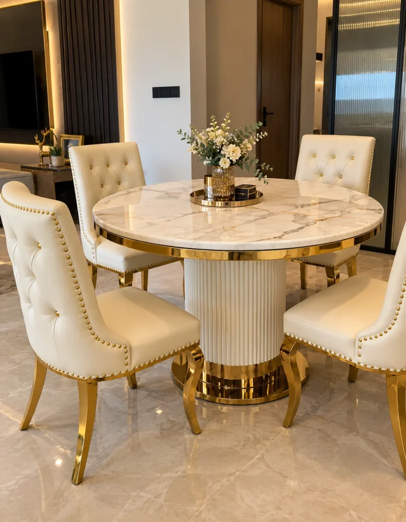 Round marble dining table with gold fluted pedestal and chairs